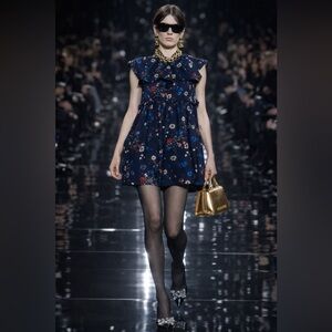 AUTHENTIC • NWT BALENCIAGA
Multicolor Floral Baby Doll Plastron Silk Mini Dress